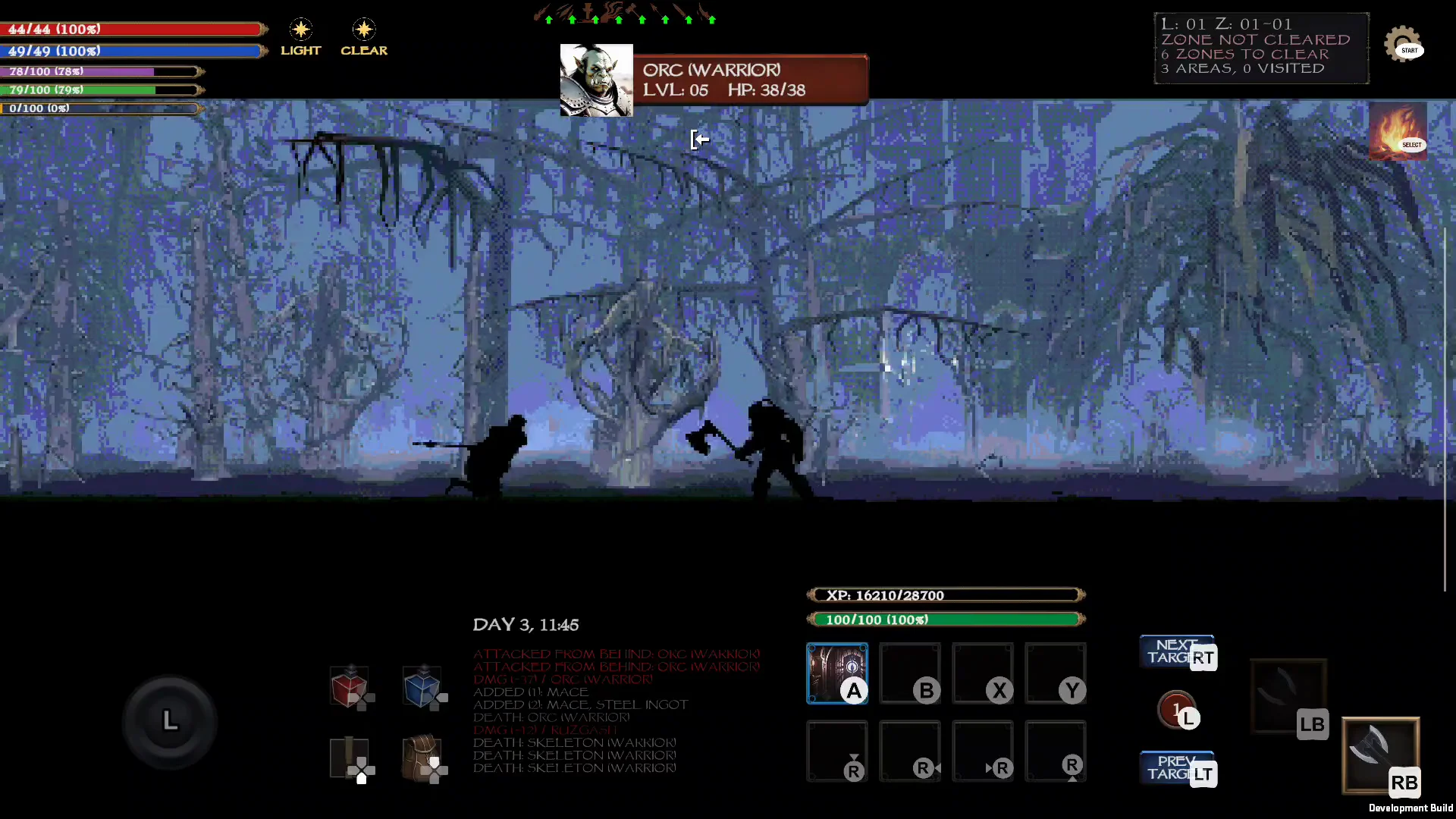 The hero fights an orc warrior beneath hanging branches in a blue swamp.